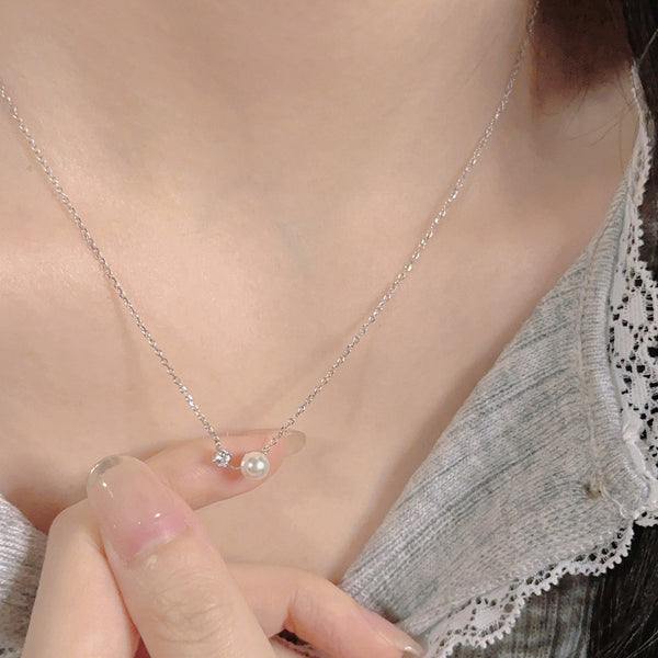  Dainty Pearl & Zirconia 925 Sterling Silver Necklace - friendship necklace gift from Bestie Keepsake