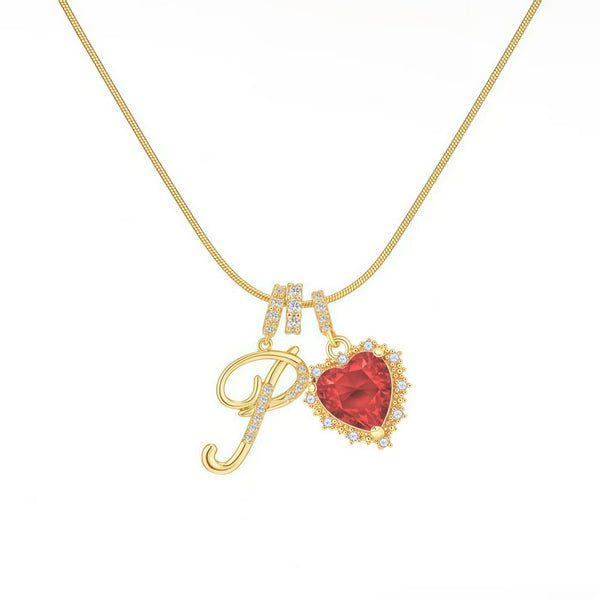  Ornate Script Initial & Red Heart Necklace in 18K Gold Plated - friendship necklace gift from Bestie Keepsake