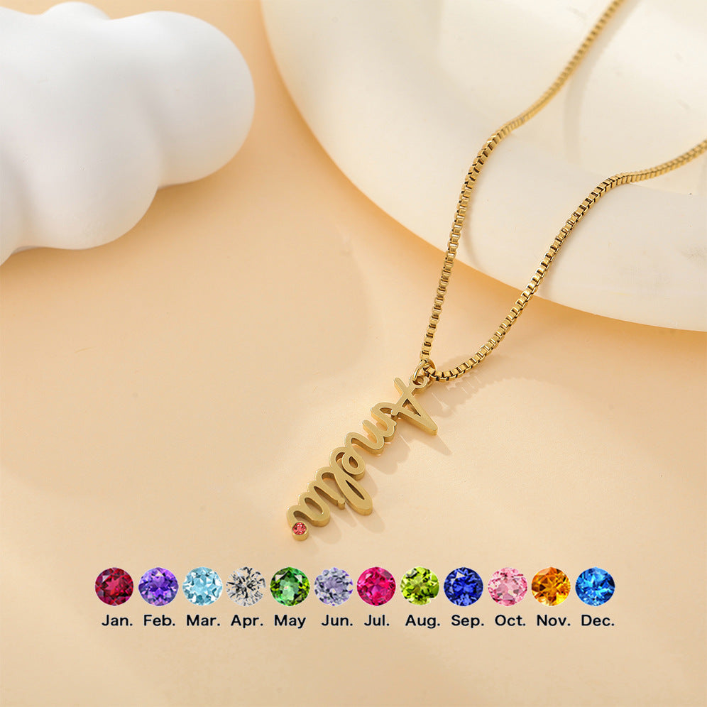  Vertical Script Name Birthstone Necklace in Stainless Steel - friendship necklace gift from Bestie Keepsake