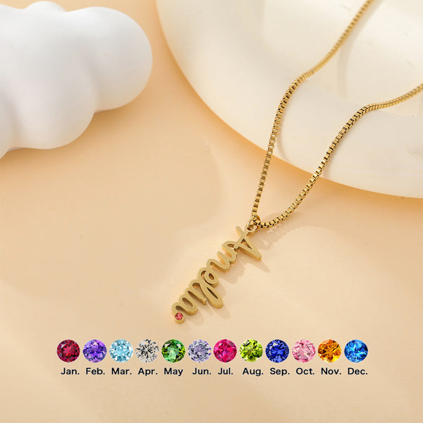  Vertical Script Name Birthstone Necklace in Stainless Steel - friendship necklace gift from Bestie Keepsake