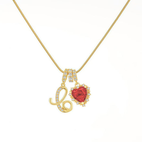  Ornate Script Initial & Red Heart Necklace in 18K Gold Plated - friendship necklace gift from Bestie Keepsake