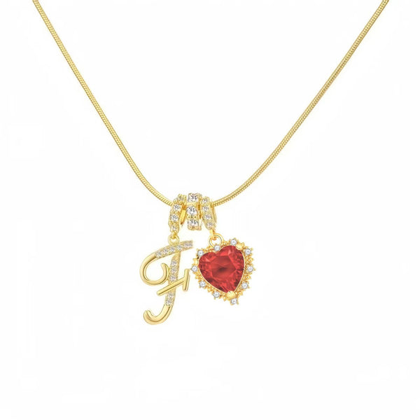  Ornate Script Initial & Red Heart Necklace in 18K Gold Plated - friendship necklace gift from Bestie Keepsake