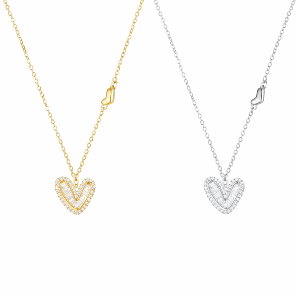  Asymmetric Baguette Heart Pendant Necklace in Sterling Silver - friendship necklace gift from Bestie Keepsake