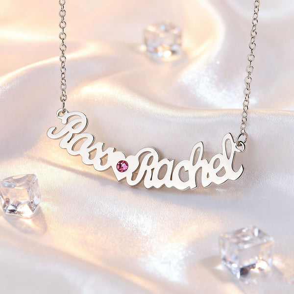  Custom Double Name Heart Birthstone Necklace in Stainless Steel - friendship necklace gift from Bestie Keepsake