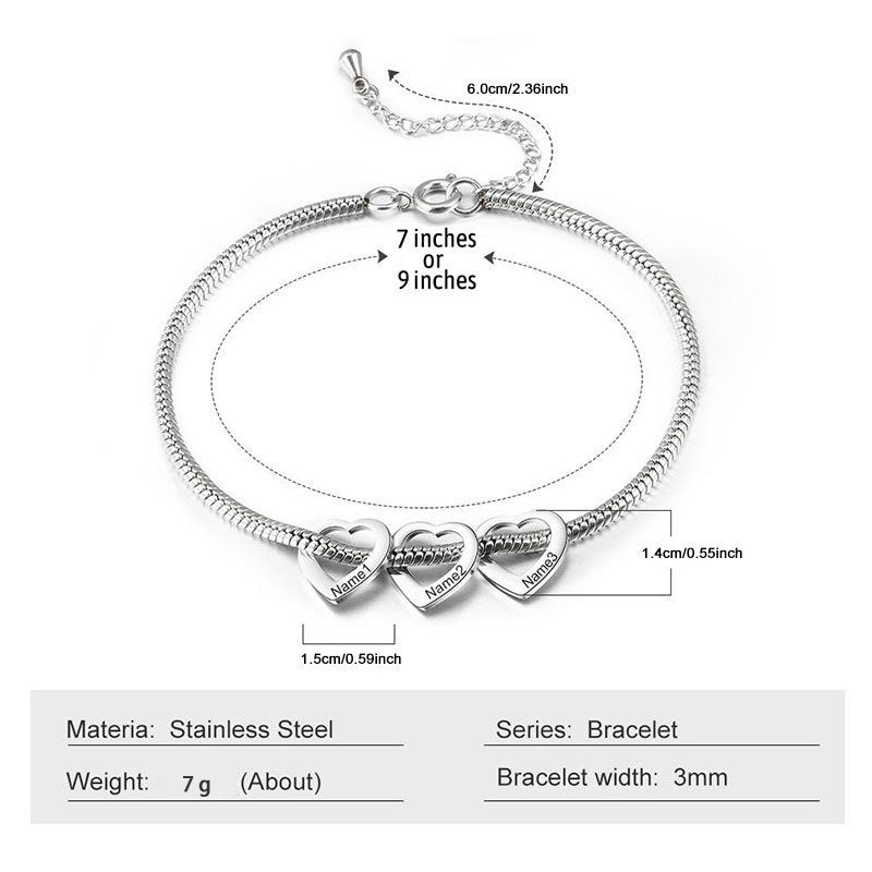  Heart Charm Snake Chain Bracelet in Stainless Steel - friendship necklace gift from Bestie Keepsake