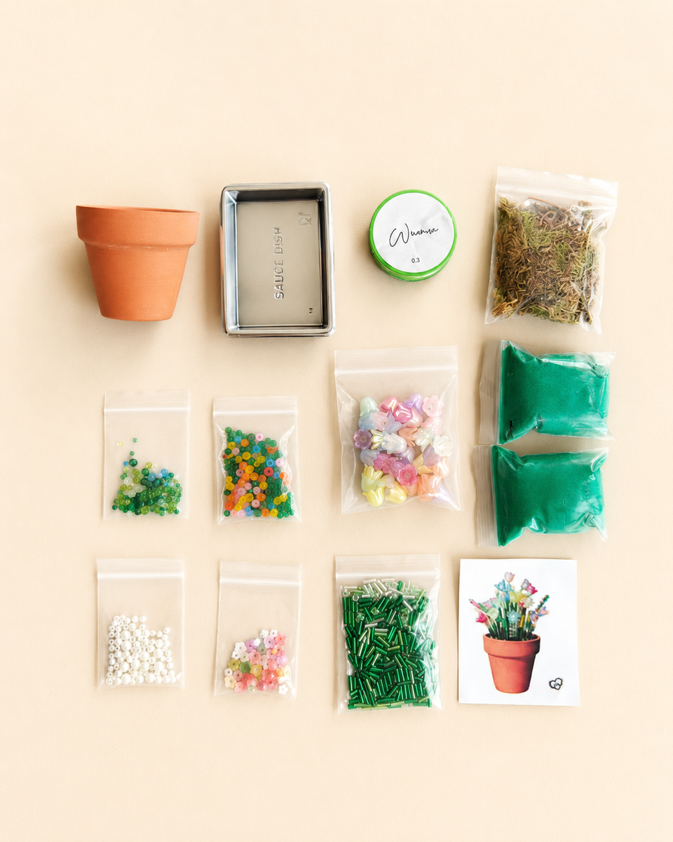 Materials included in mini beaded flower pot kit