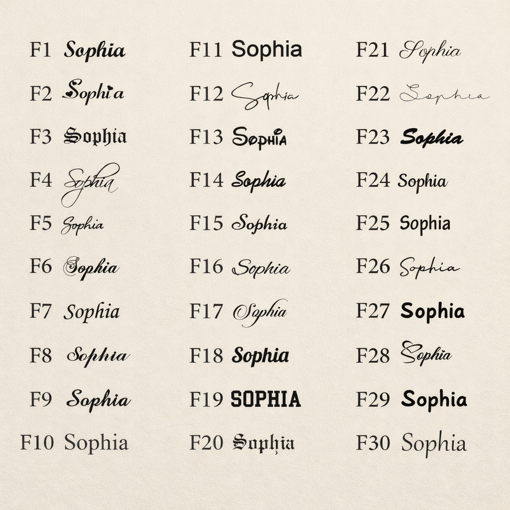 Repetition of the name 'Sophia' in various fonts and styles on a beige background.