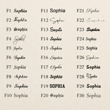 Repetition of the name 'Sophia' in various fonts and styles on a beige background.