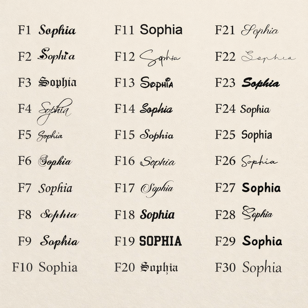 Repetition of the name 'Sophia' in various fonts and styles on a beige background.